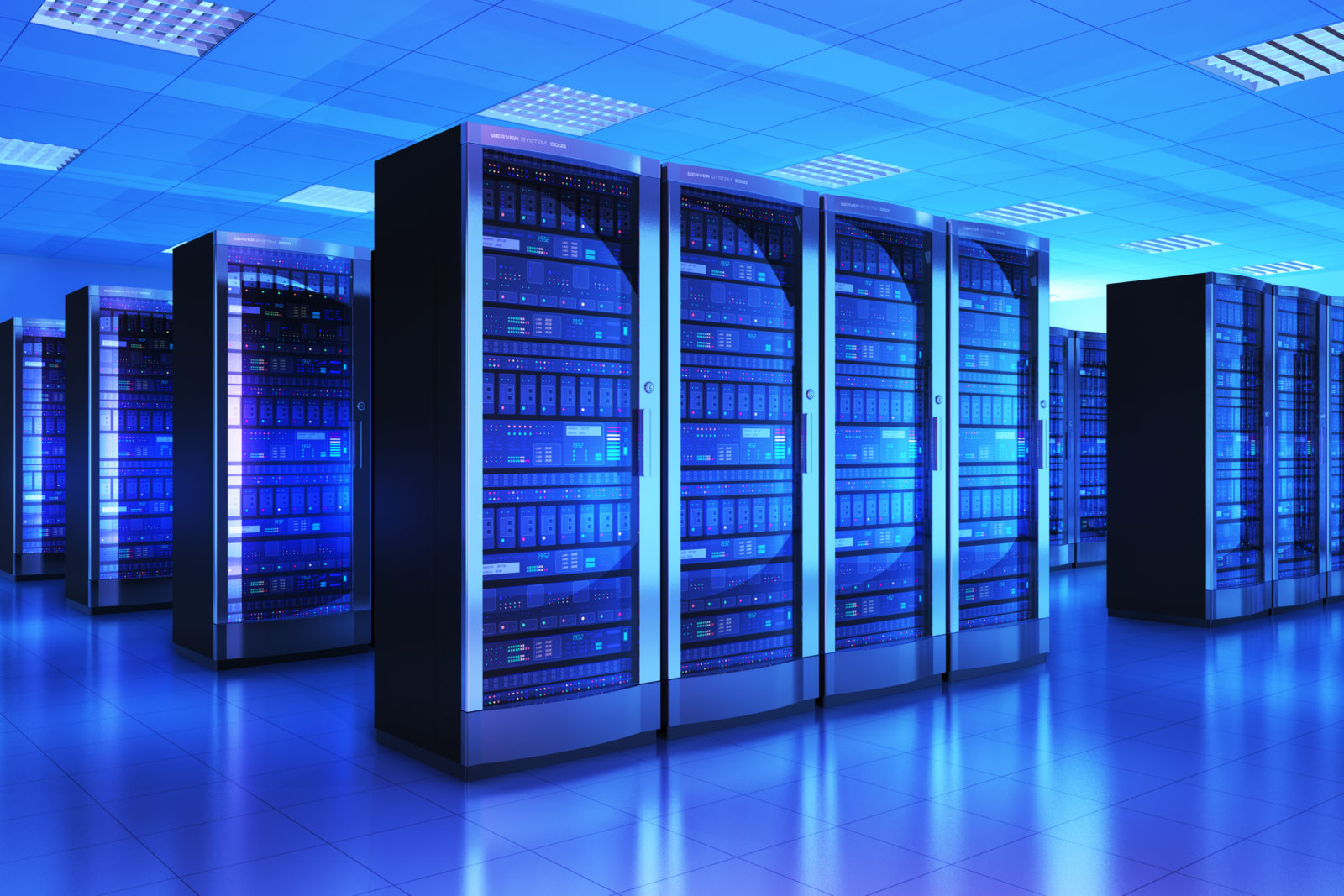 Modern web network and internet telecommunication technology, big data storage and cloud computing computer service business concept: 3D render illustration of the server room interior in datacenter in blue light